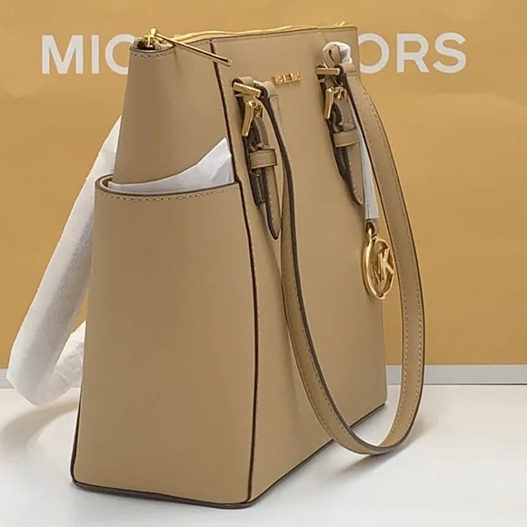 MICHAEL KORSJet Set Lg Crossgrain Leather Top-Zip Charlotte Tote ShoulderCamel